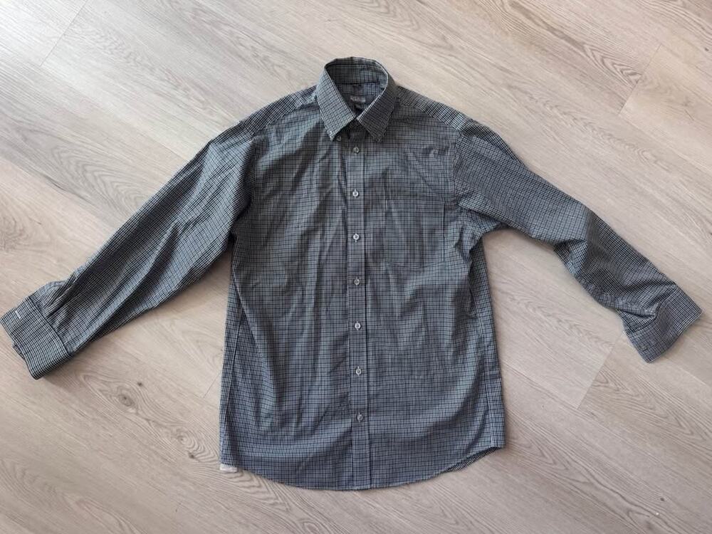 Kenneth Cole Medium 15-15 1/2 32-33 Black & Green Plaid Button Long Sleeve Shirt